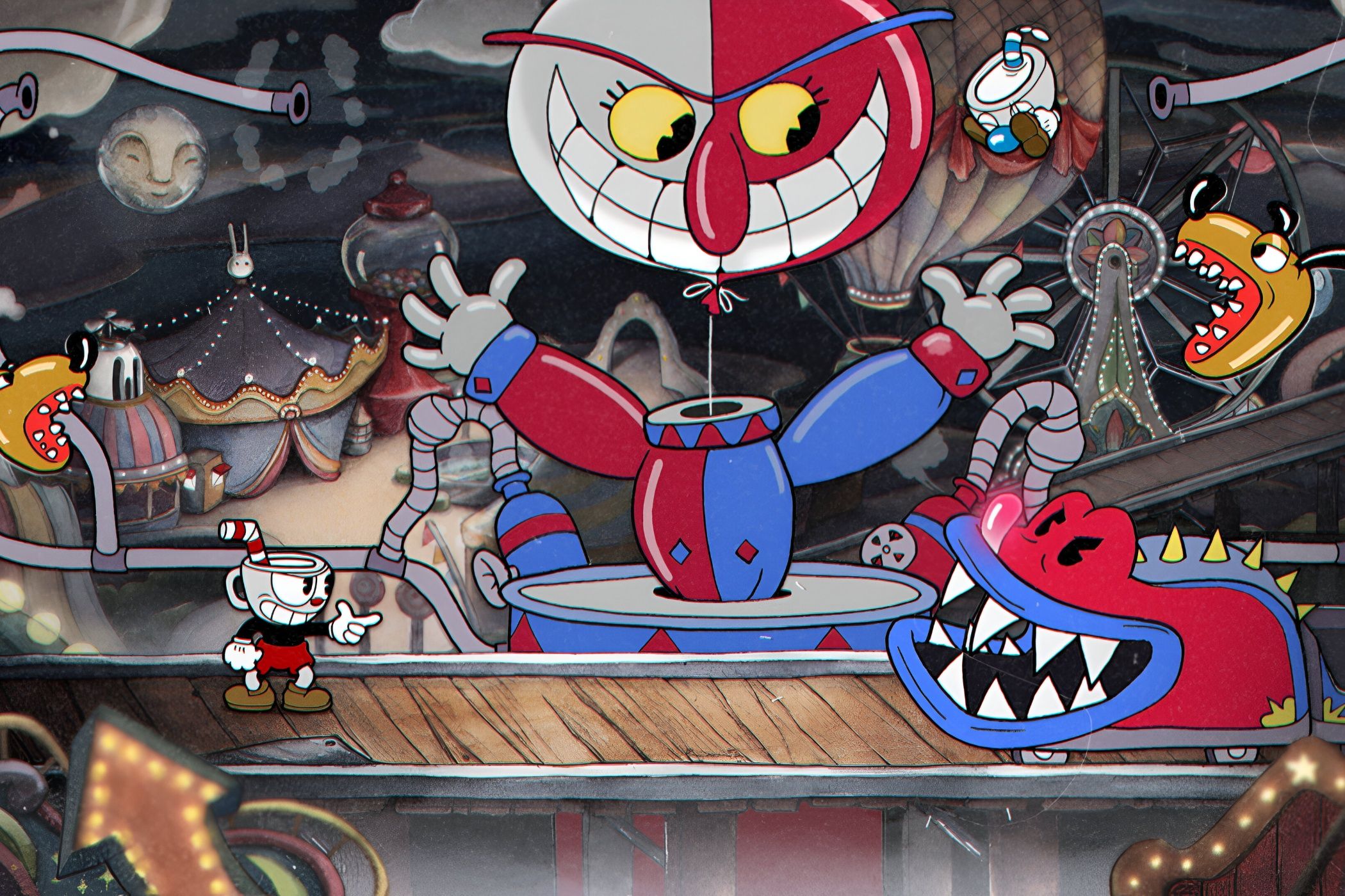 A screenshot from the game Cuphead, showing animated machines with sharp teeth facing off against Cuphead, the protagonist.
