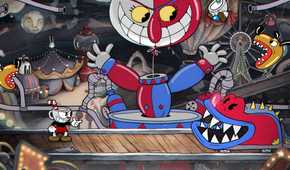 A screenshot from the game Cuphead, showing animated machines with sharp teeth facing off against Cuphead, the protagonist.
