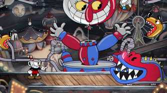 A screenshot from the game Cuphead, showing animated machines with sharp teeth facing off against Cuphead, the protagonist.