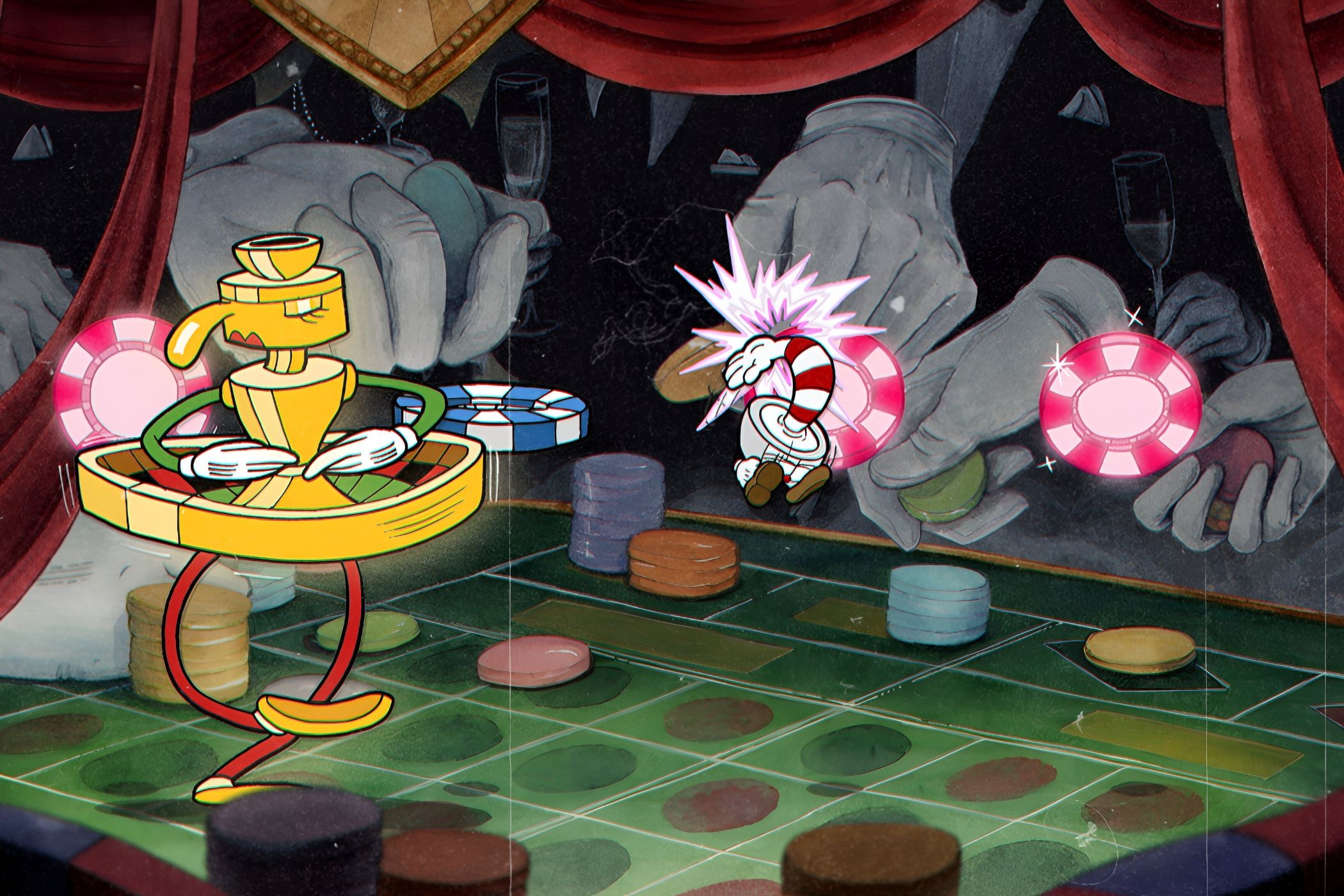 A screenshot from the game Cuphead, showing huge, disembodied hands in the background throwing chips at a casino board.