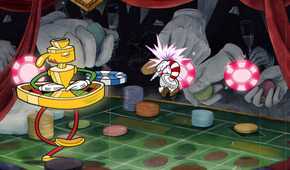 A screenshot from the game Cuphead, showing huge, disembodied hands in the background throwing chips at a casino board.