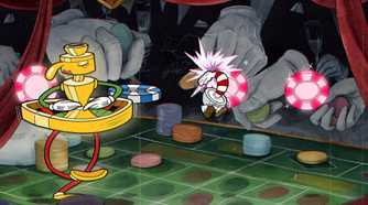 A screenshot from the game Cuphead, showing huge, disembodied hands in the background throwing chips at a casino board.