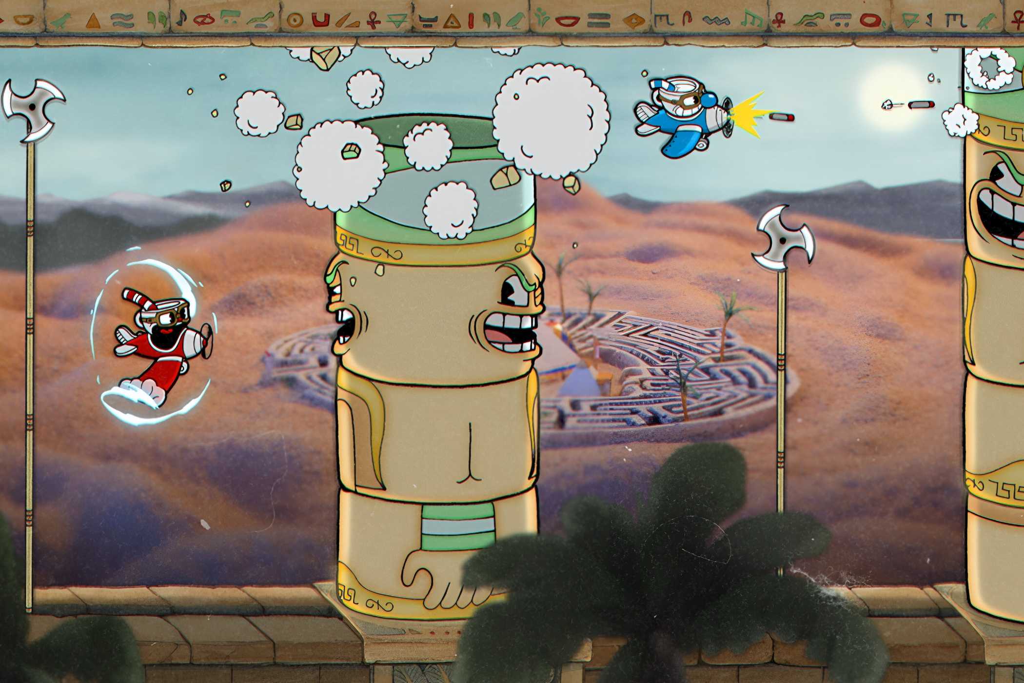 A screenshot from the game Cuphead, showing Cuphead and his brother Mugman flying planes and battling demonic entites.