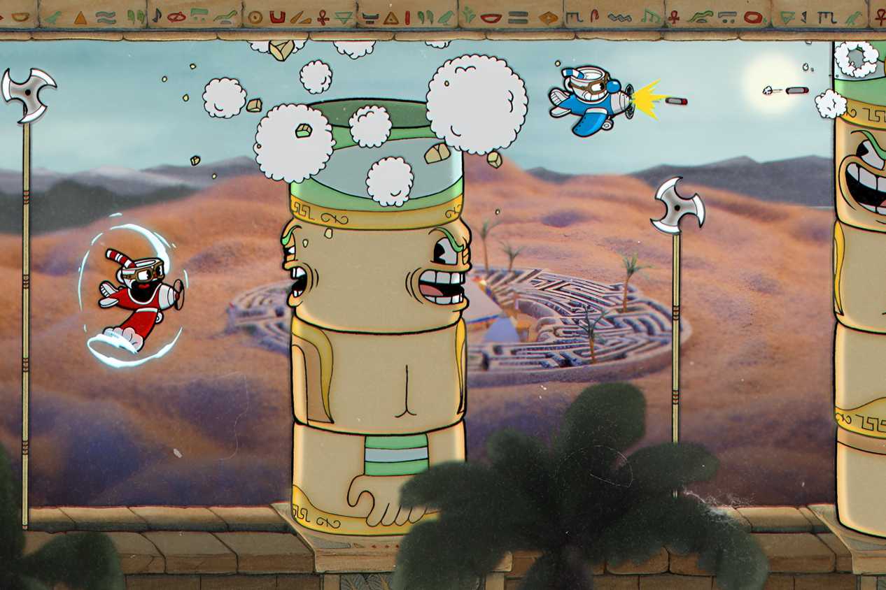 A screenshot from the game Cuphead, showing Cuphead and his brother Mugman flying planes and battling demonic entites.