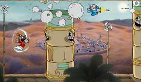 A screenshot from the game Cuphead, showing Cuphead and his brother Mugman flying planes and battling demonic entites.