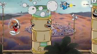 A screenshot from the game Cuphead, showing Cuphead and his brother Mugman flying planes and battling demonic entites.