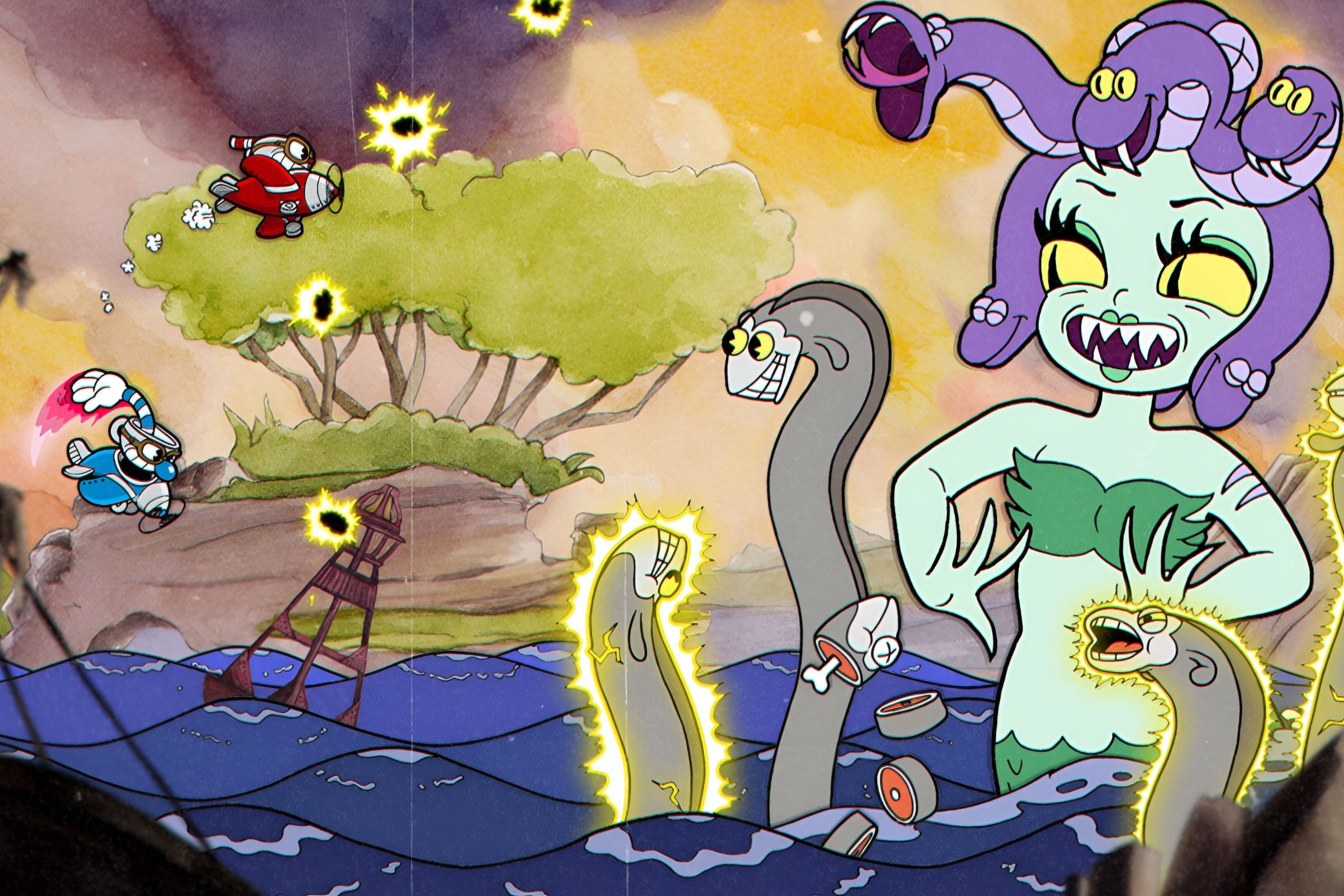 A screenshot from the game Cuphead, showing Cuphead and Mugman flying a plane to combat an animated version of Medusa in the water.