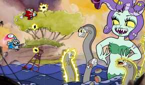 A screenshot from the game Cuphead, showing Cuphead and Mugman flying a plane to combat an animated version of Medusa in the water.