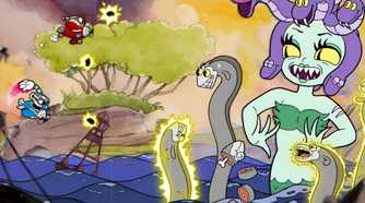 A screenshot from the game Cuphead, showing Cuphead and Mugman flying a plane to combat an animated version of Medusa in the water.