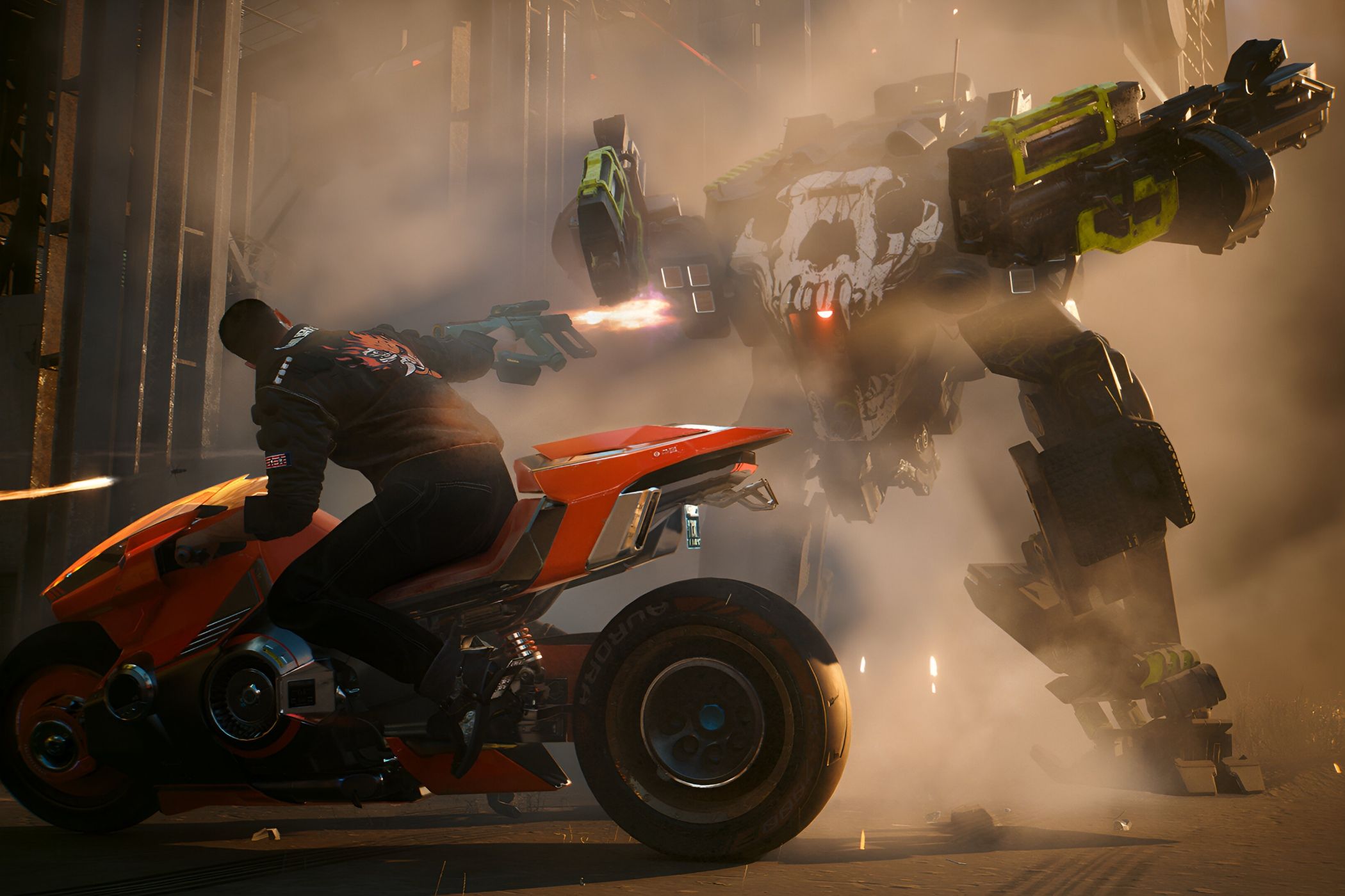 A screenshot from Cyberpunk 2077: Phantom Liberty, showing the protagonist, V, ride by a giant mech on a motorcycle while shooting at it.