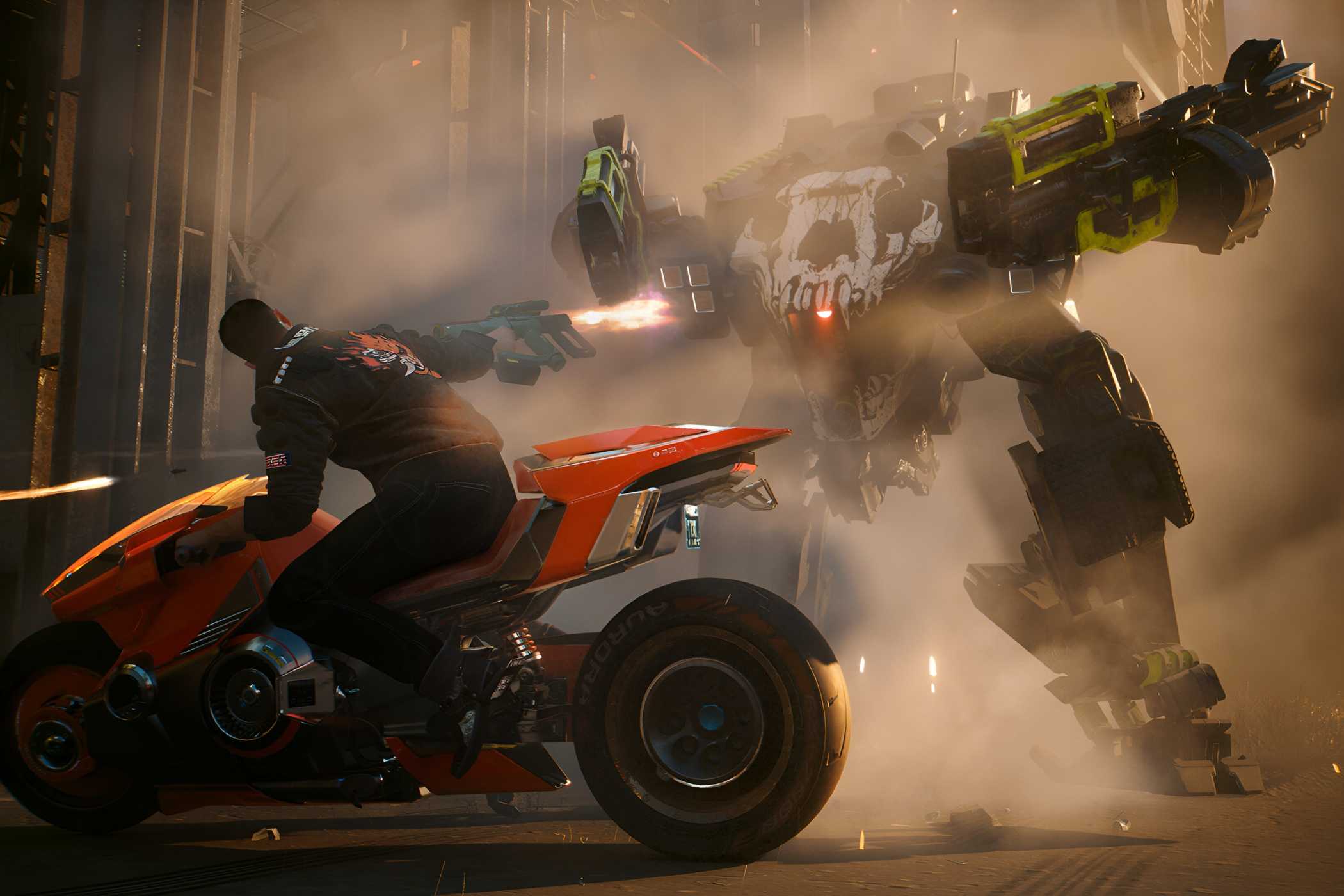 A screenshot from Cyberpunk 2077: Phantom Liberty, showing the protagonist, V, ride by a giant mech on a motorcycle while shooting at it.