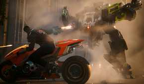 A screenshot from Cyberpunk 2077: Phantom Liberty, showing the protagonist, V, ride by a giant mech on a motorcycle while shooting at it.