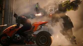 A screenshot from Cyberpunk 2077: Phantom Liberty, showing the protagonist, V, ride by a giant mech on a motorcycle while shooting at it.