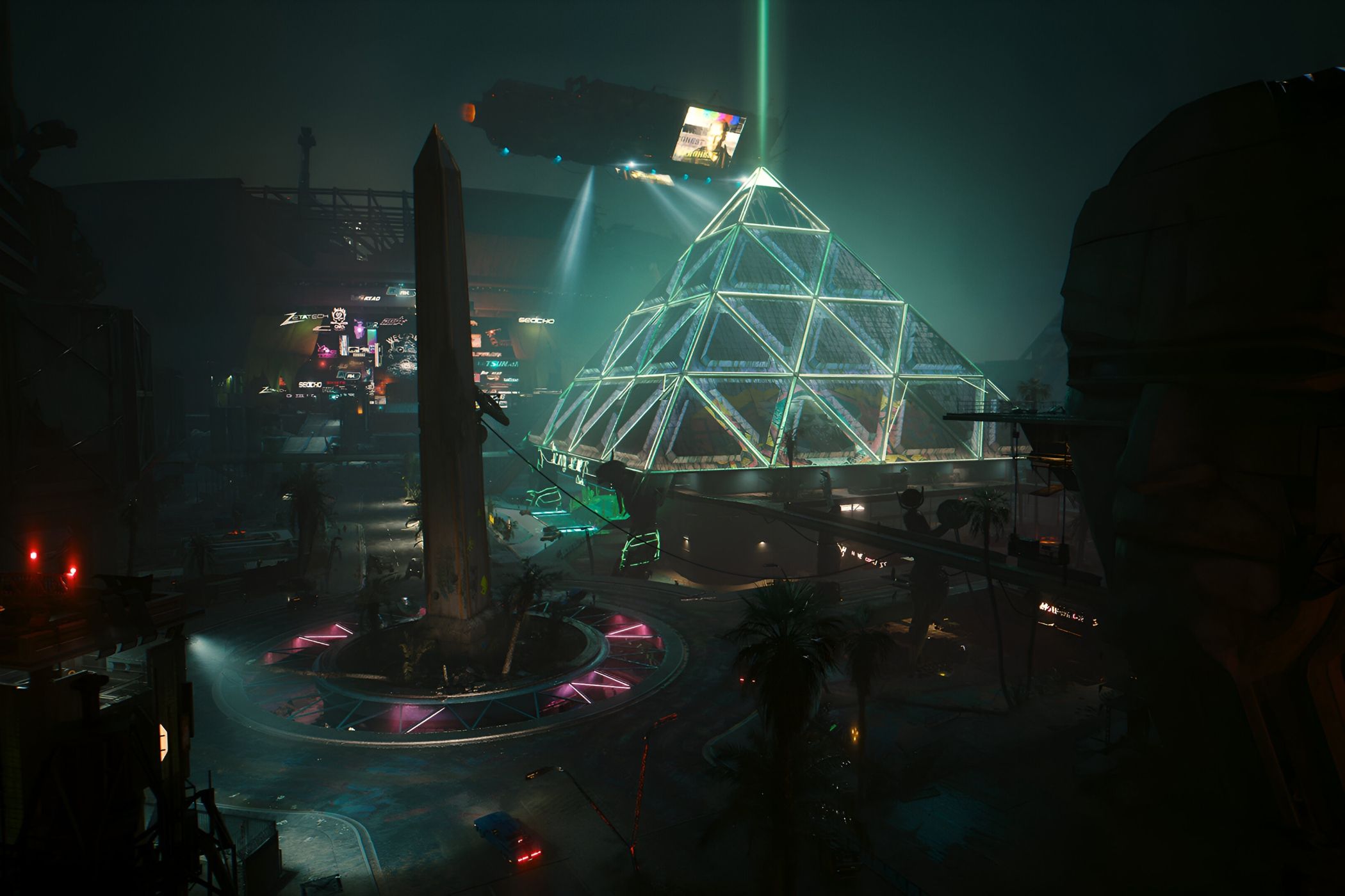 A screenshot from Cyberpunk 2077: Phantom Liberty, showing Dogtown, a location in the game with a giant glowing pyramid in it