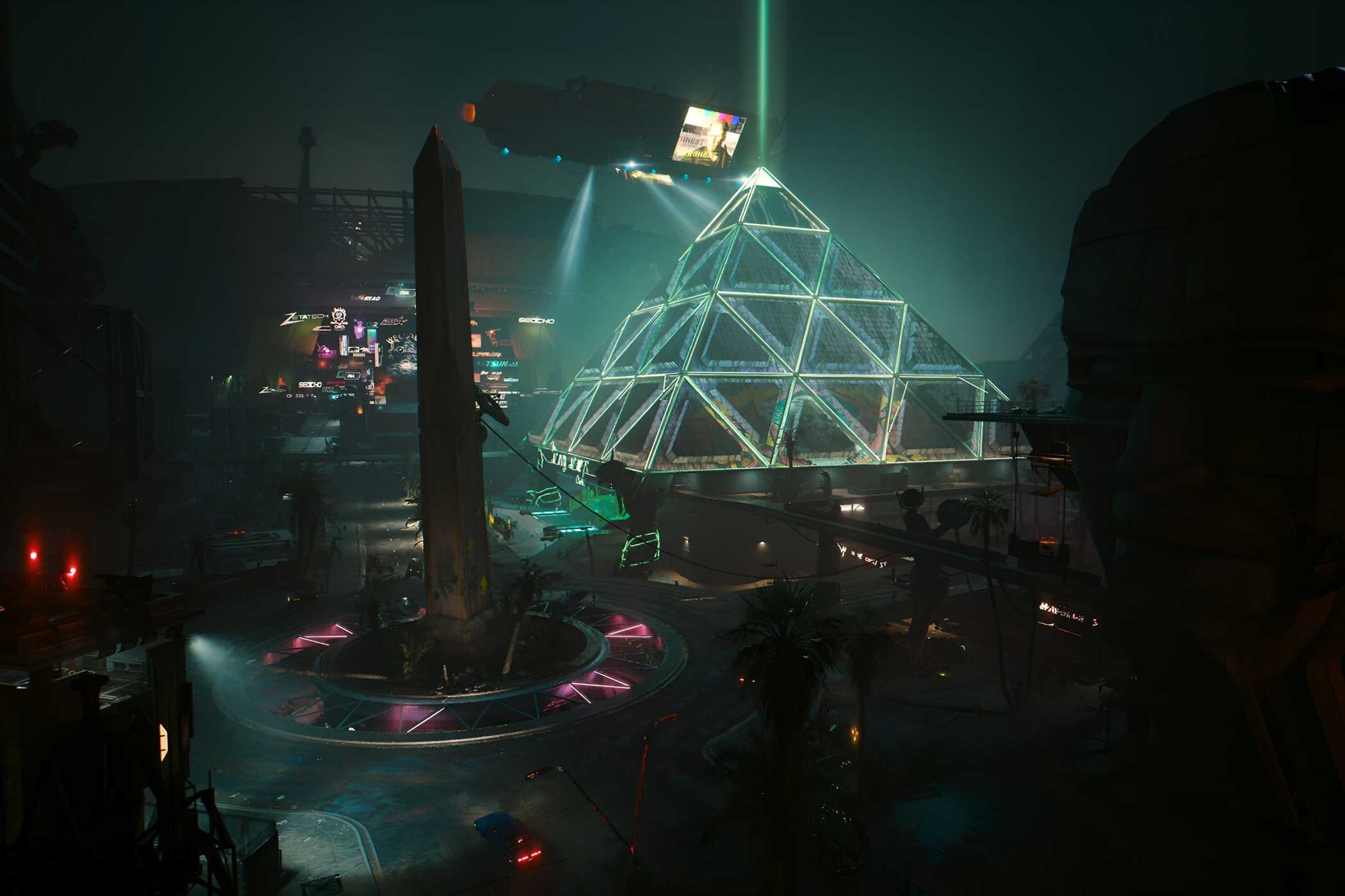 A screenshot from Cyberpunk 2077: Phantom Liberty, showing Dogtown, a location in the game with a giant glowing pyramid in it