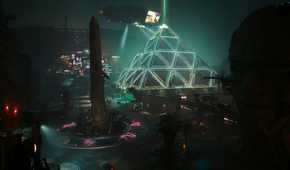 A screenshot from Cyberpunk 2077: Phantom Liberty, showing Dogtown, a location in the game with a giant glowing pyramid in it