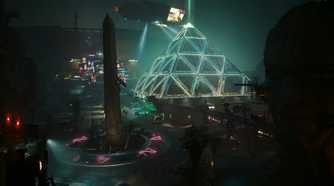 A screenshot from Cyberpunk 2077: Phantom Liberty, showing Dogtown, a location in the game with a giant glowing pyramid in it