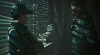 A screenshot from Cyberpunk 2077: Phantom Liberty, showing two characters shrouded in darkness as they stand next to a window.