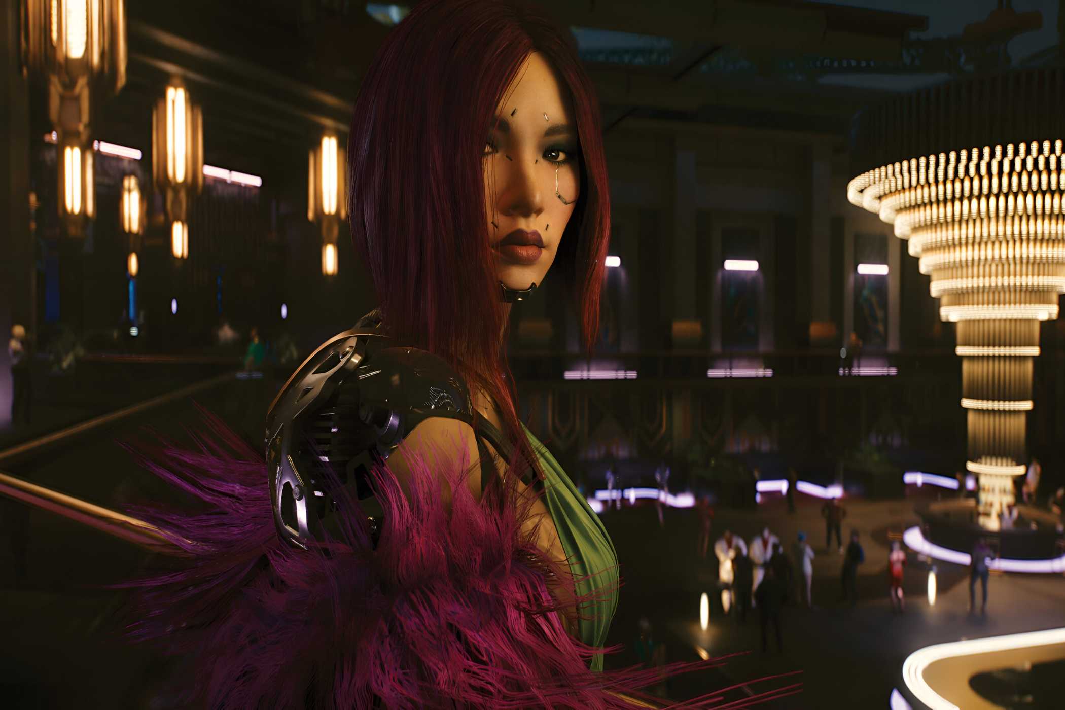 A screenshot from Cyberpunk 2077: Phantom Liberty, showing Songbird, a cybernetic human, looking at the camera while in a flashy club.