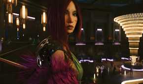 A screenshot from Cyberpunk 2077: Phantom Liberty, showing Songbird, a cybernetic human, looking at the camera while in a flashy club.