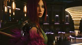 A screenshot from Cyberpunk 2077: Phantom Liberty, showing Songbird, a cybernetic human, looking at the camera while in a flashy club.