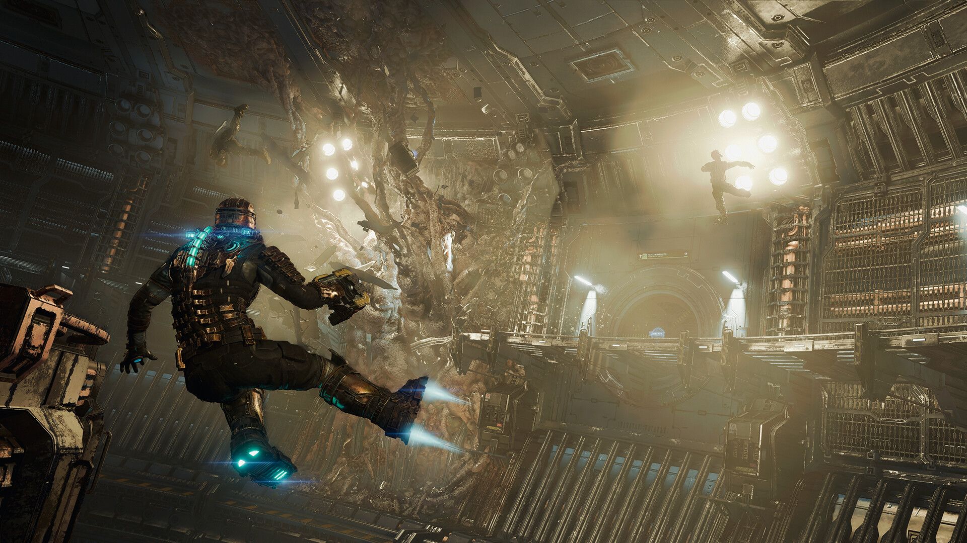 Screenshot from Dead Space Remake video game of main character flying in zero gravity around space ship