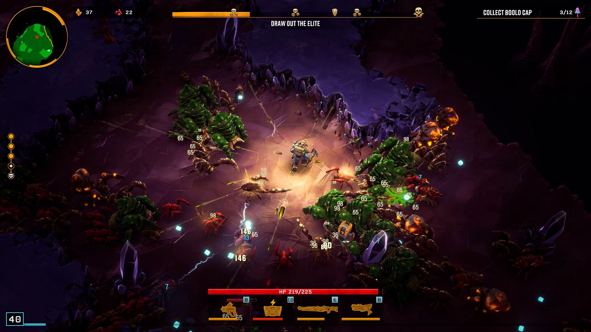 Screenshot from Deep Rock Galactic: Survivor video game of player character fighting against waves of bugs.