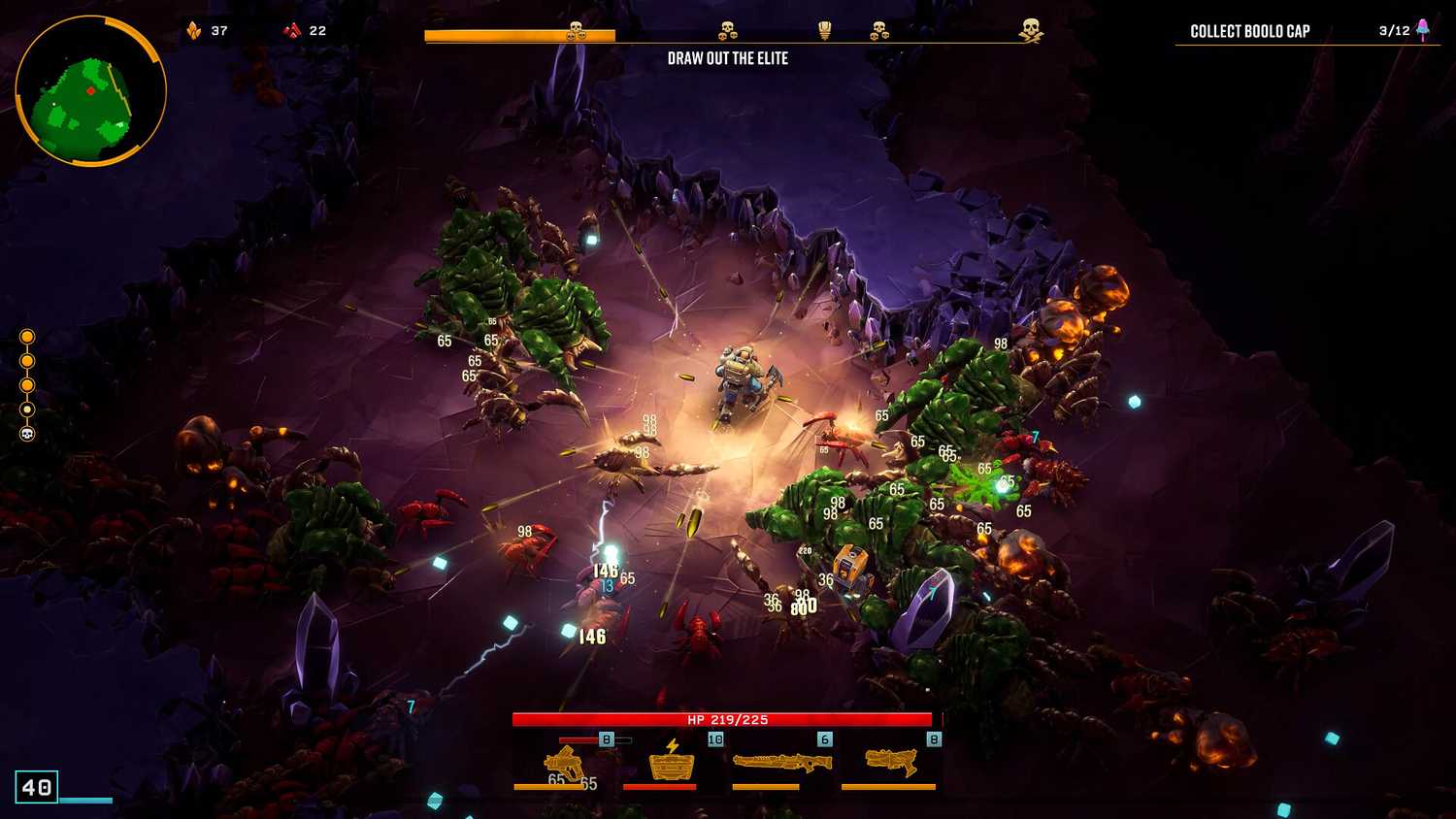 Screenshot from Deep Rock Galactic: Survivor video game of player character fighting against waves of bugs.