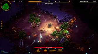 Screenshot from Deep Rock Galactic: Survivor video game of player character fighting against waves of bugs.