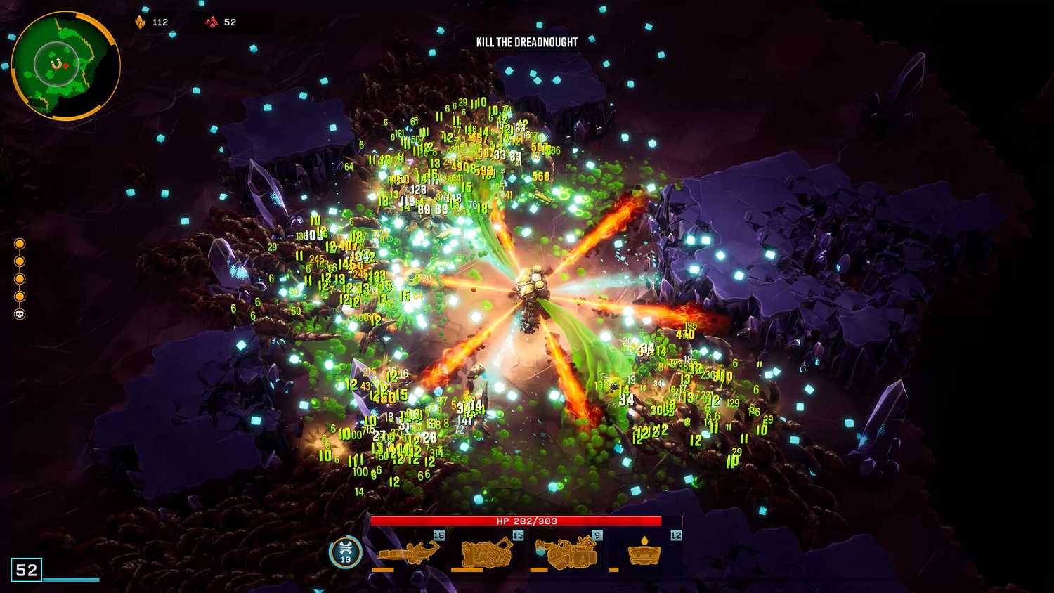 Screenshot from Deep Rock Galactic: Survivor video game of player character using fire to hold back swarms of bugs