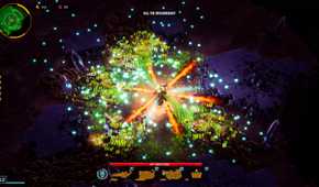 Screenshot from Deep Rock Galactic: Survivor video game of player character using fire to hold back swarms of bugs