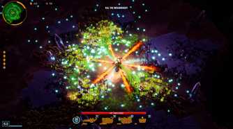 Screenshot from Deep Rock Galactic: Survivor video game of player character using fire to hold back swarms of bugs