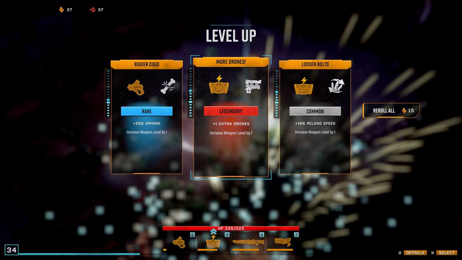 Screenshot from Deep Rock Galactic: Survivor video game of level-up options for player character.