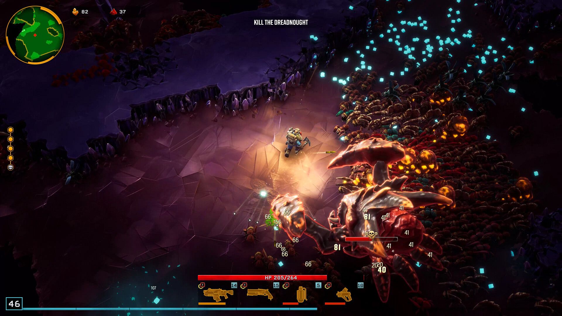 Screenshot from Deep Rock Galactic: Survivor video game of character being swarmed by large bugs.