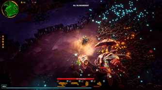 Screenshot from Deep Rock Galactic: Survivor video game of character being swarmed by large bugs.