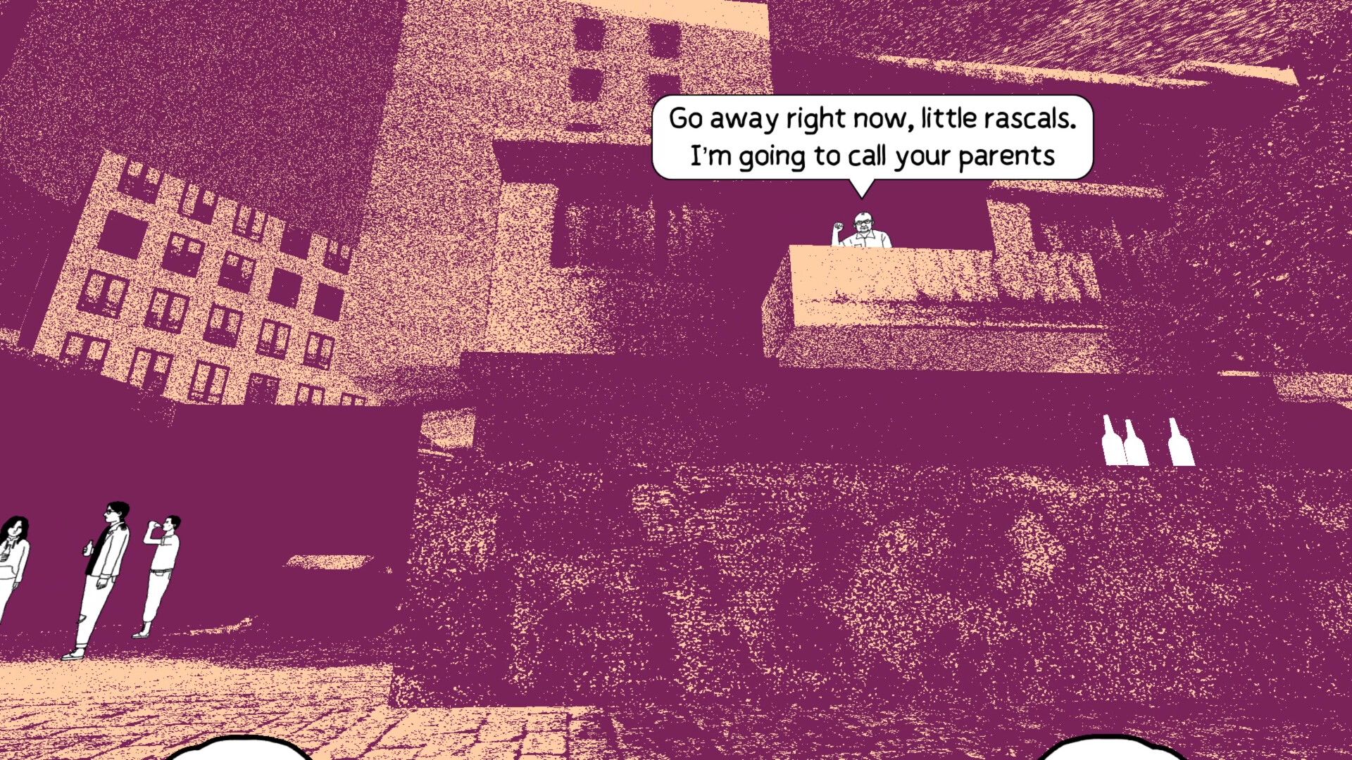 Screenshot from despelote video game of a man yelling at young kids