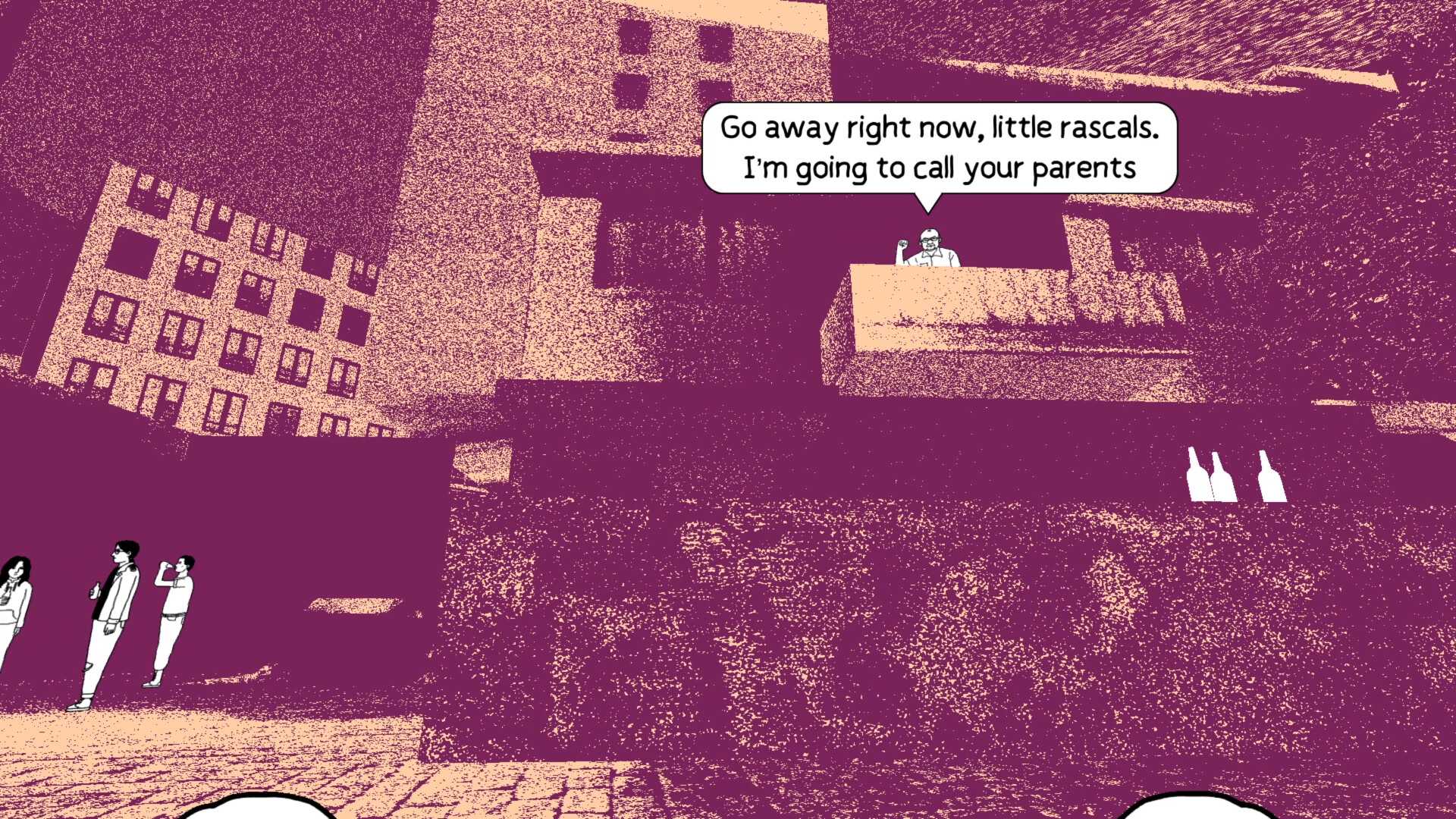 Screenshot from despelote video game of a man yelling at young kids