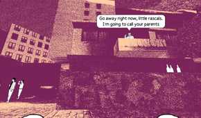 Screenshot from despelote video game of a man yelling at young kids