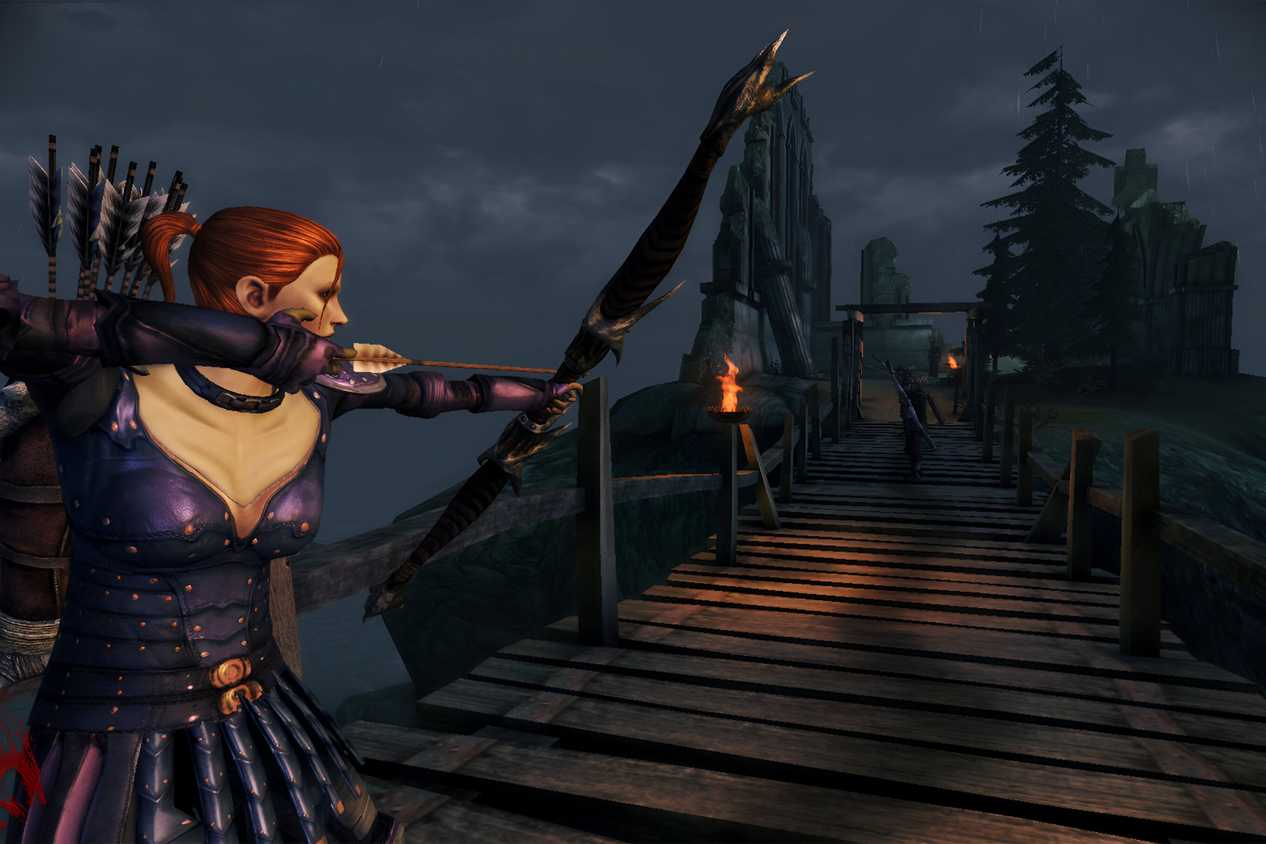 A screenshot from the game Dragon Age: Origins, showing a red-headed woman knock an arrow on her bow while aiming down a wooden bridge.