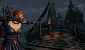 A screenshot from the game Dragon Age: Origins, showing a red-headed woman knock an arrow on her bow while aiming down a wooden bridge.