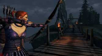 A screenshot from the game Dragon Age: Origins, showing a red-headed woman knock an arrow on her bow while aiming down a wooden bridge.