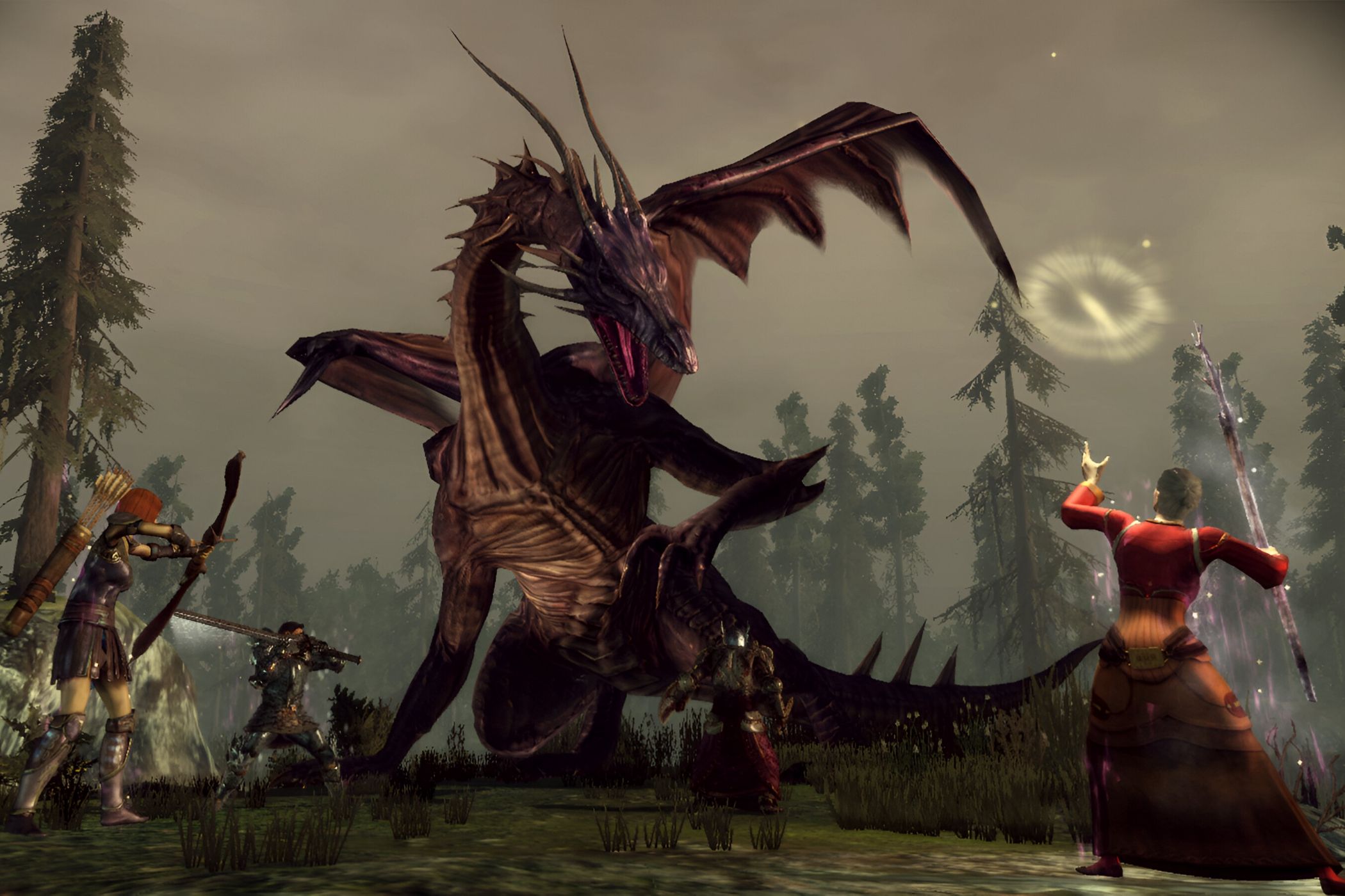 A screenshot from the game Dragon Age: Origins, showing a brown dragon fight off four different characters as they all ready their weapons at it.