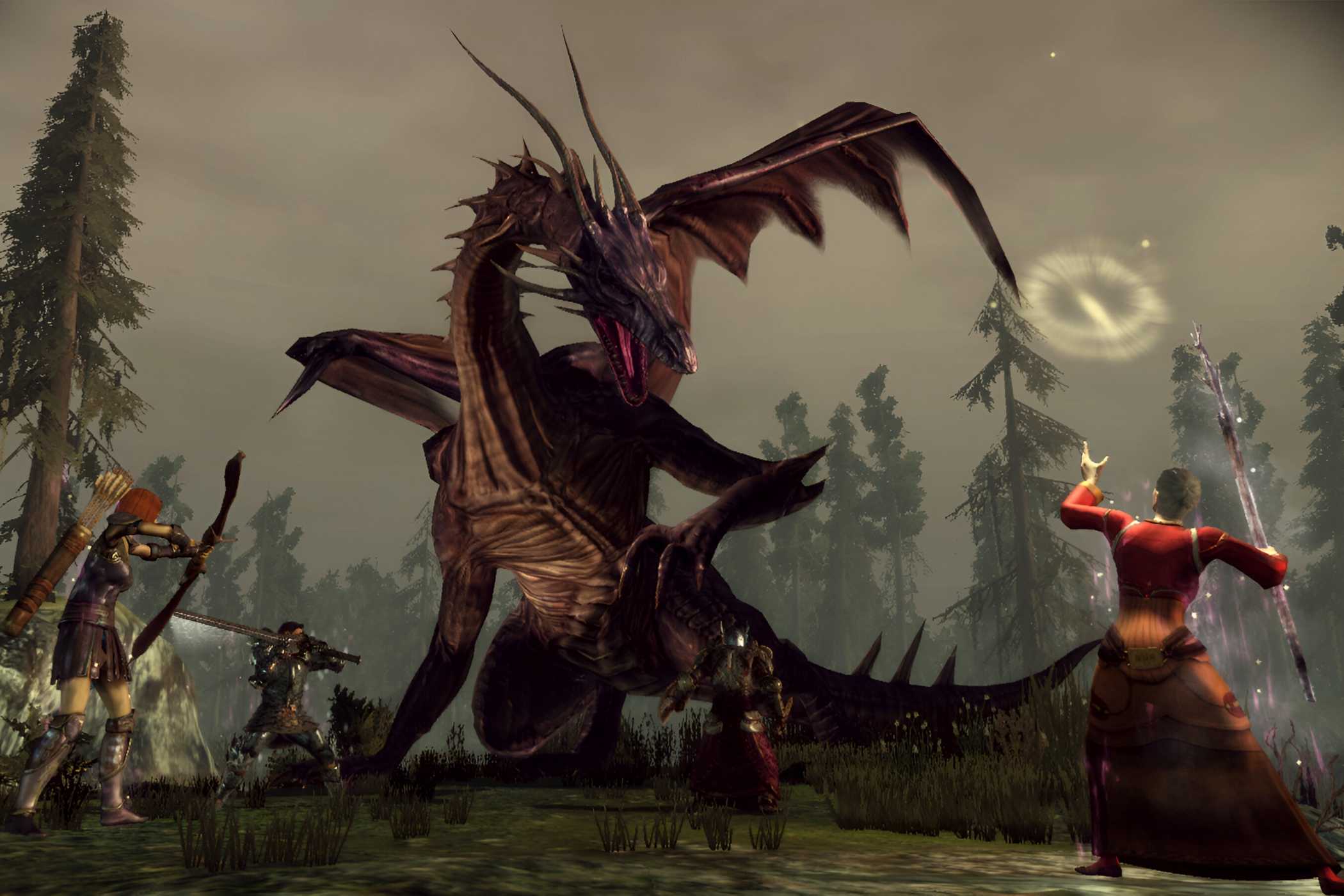 A screenshot from the game Dragon Age: Origins, showing a brown dragon fight off four different characters as they all ready their weapons at it.