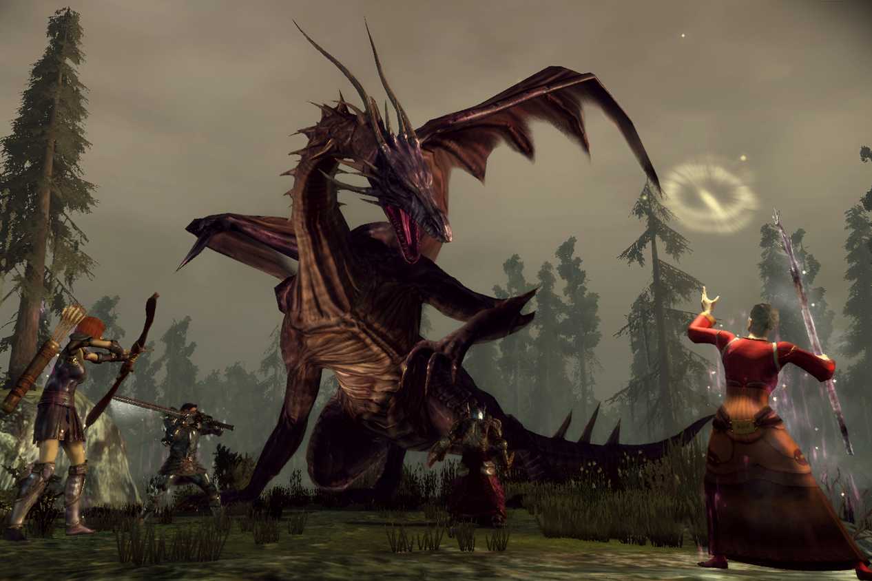 A screenshot from the game Dragon Age: Origins, showing a brown dragon fight off four different characters as they all ready their weapons at it.
