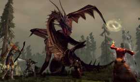 A screenshot from the game Dragon Age: Origins, showing a brown dragon fight off four different characters as they all ready their weapons at it.