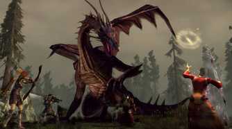 A screenshot from the game Dragon Age: Origins, showing a brown dragon fight off four different characters as they all ready their weapons at it.