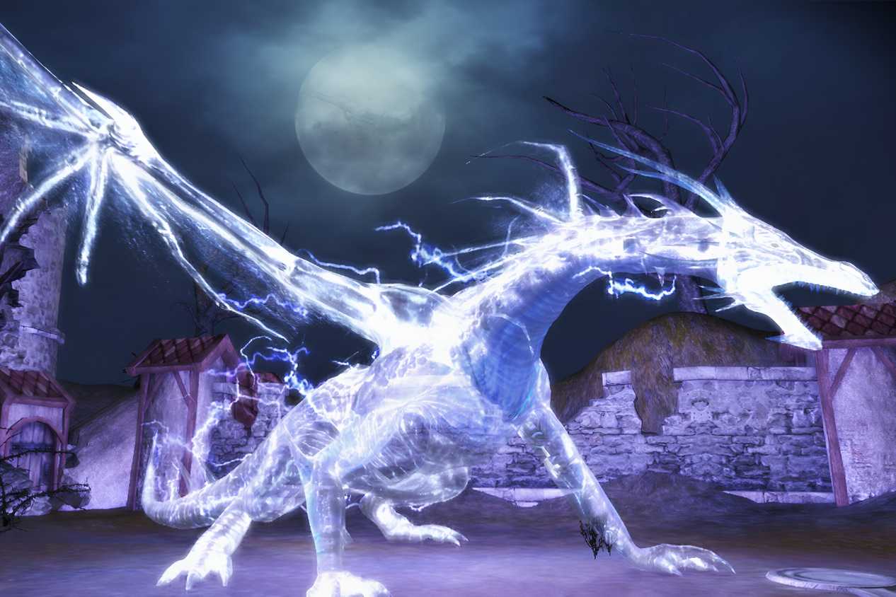 A screenshot from the game Dragon Age: Origins, showing a white, scaly dragon that radiates electricity.