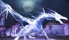 A screenshot from the game Dragon Age: Origins, showing a white, scaly dragon that radiates electricity.