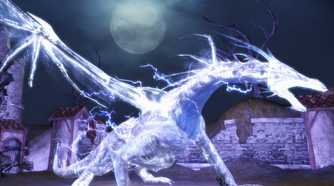 A screenshot from the game Dragon Age: Origins, showing a white, scaly dragon that radiates electricity.