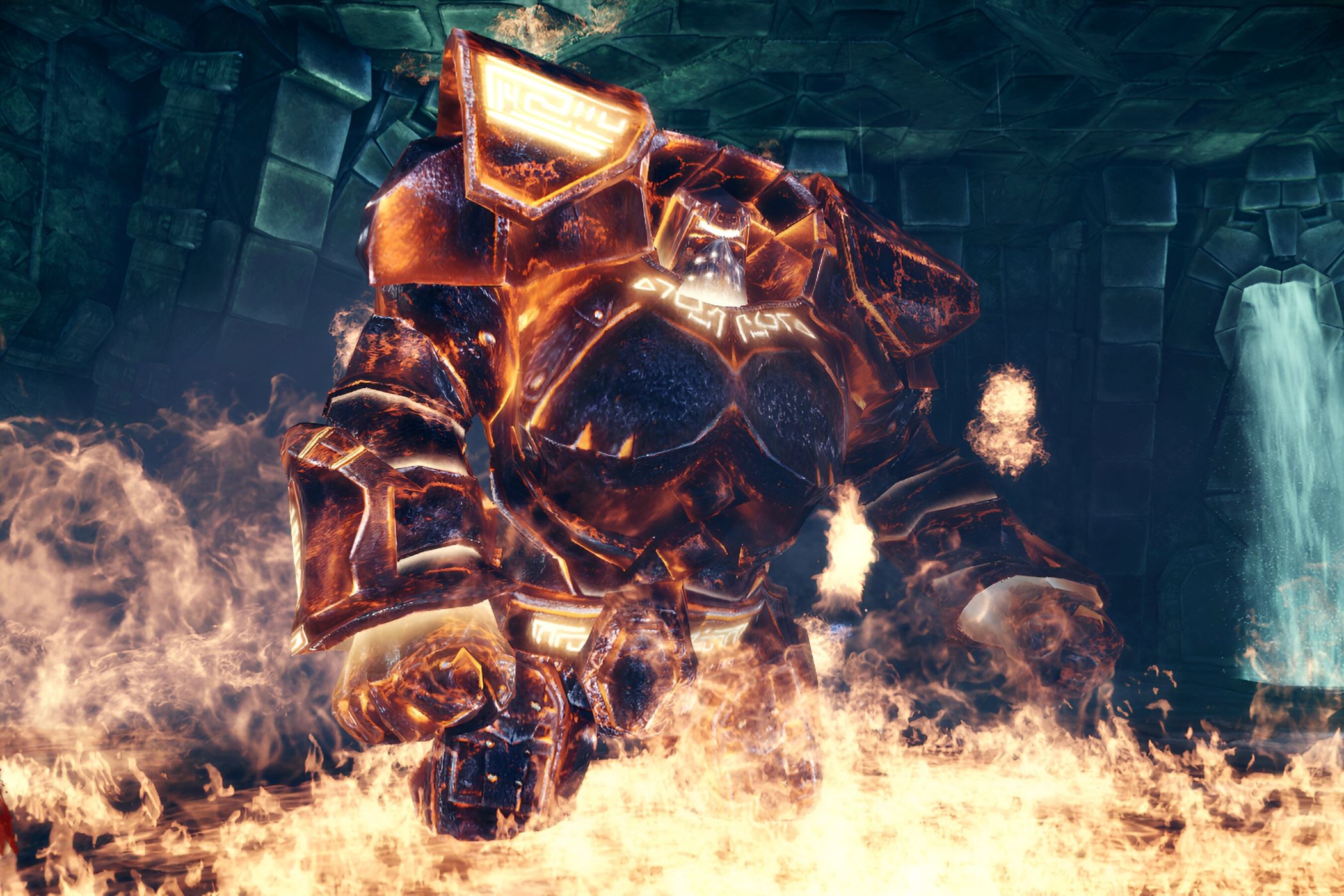 A screenshot from the game Dragon Age: Origins, showing a huge creature wearing metal armor sitting in fire.